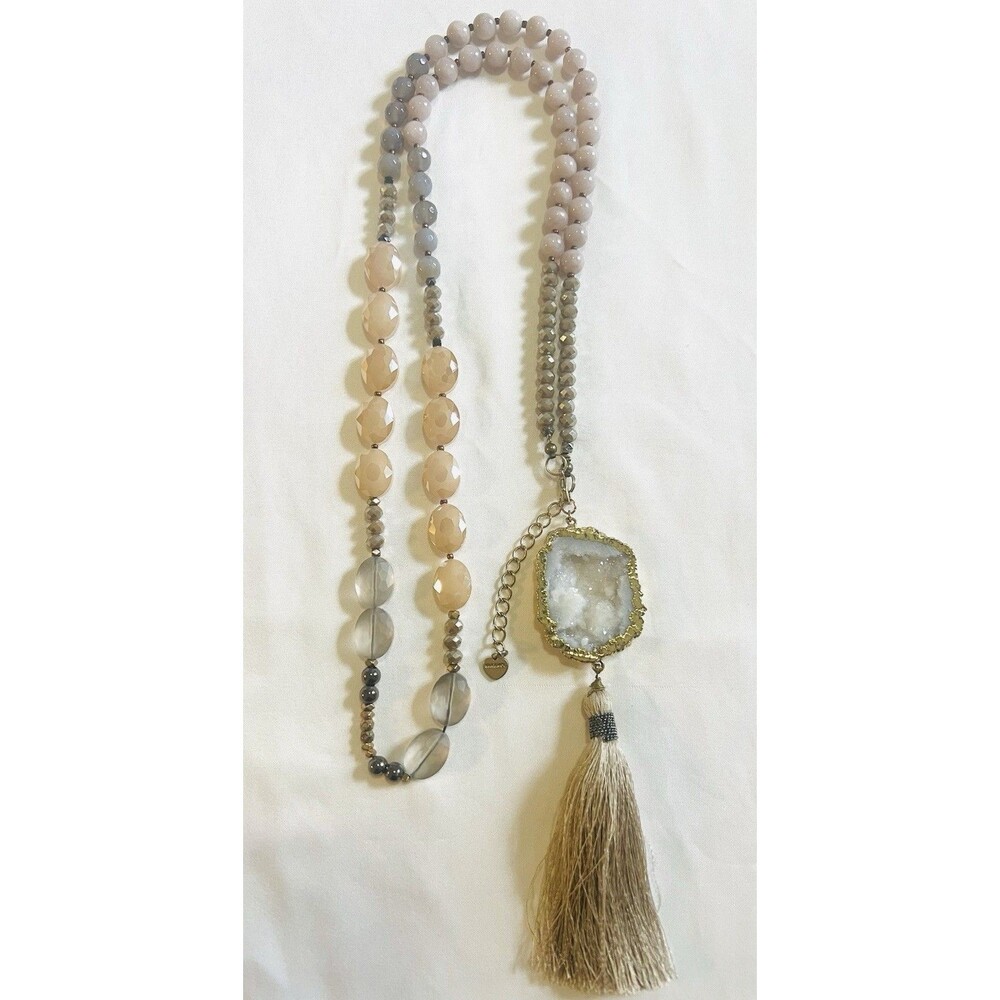 Anthropologie Druzy Geode Quartz Tassel Long Beaded Pendant Necklace Boho 34"